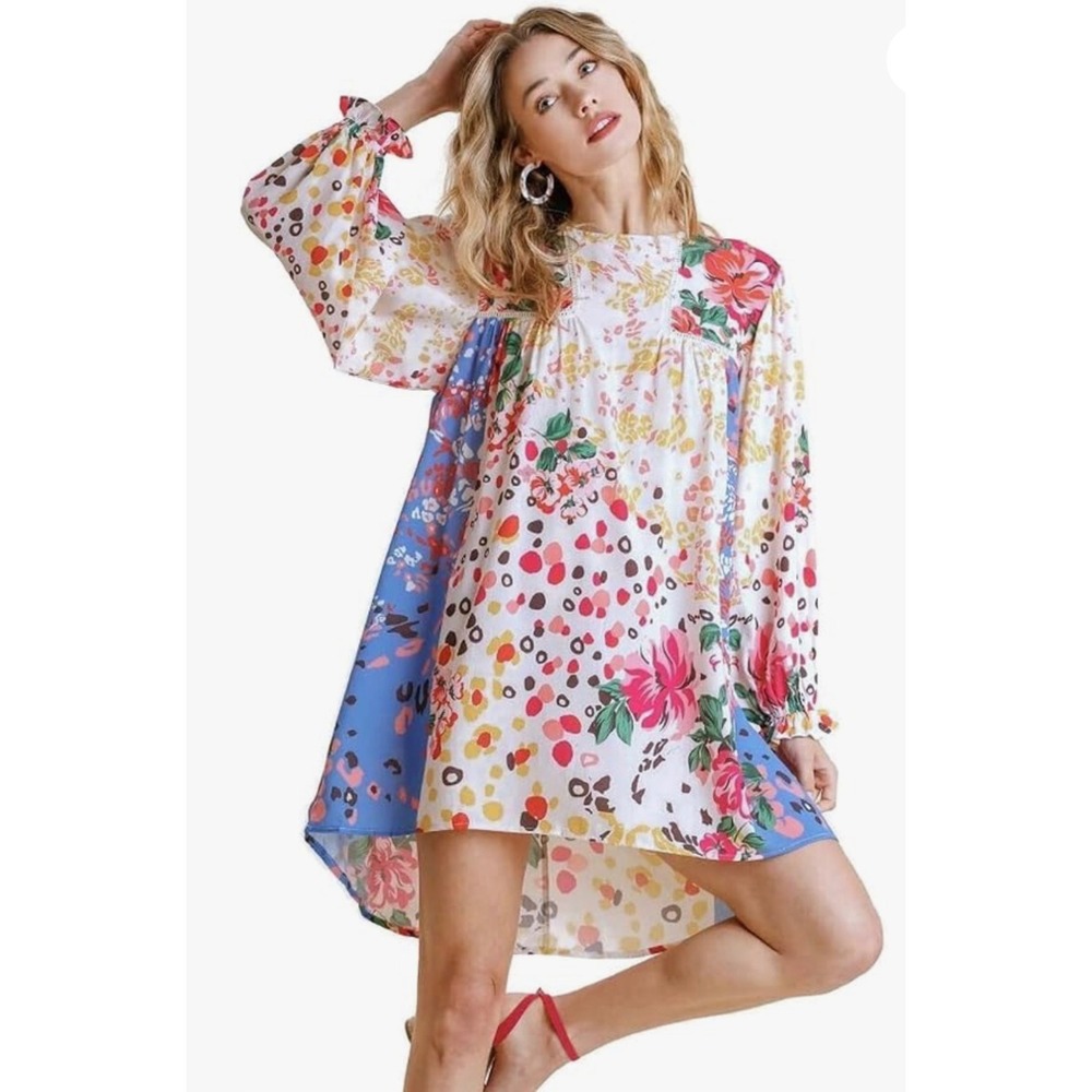 Umgee USA Mixed Floral Leopard Print Boho Shift Dress 2XL WC2478 Pink Blue - Picture 1 of 10